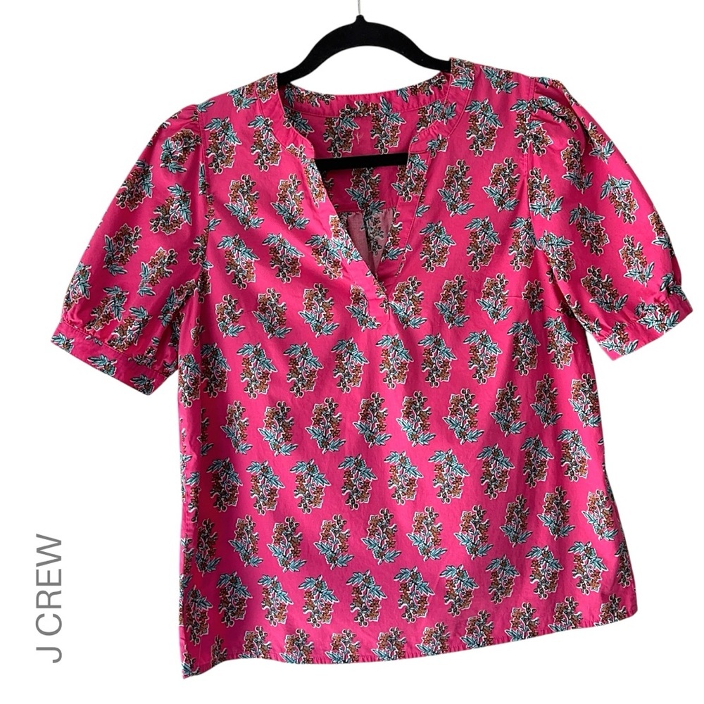 J CREW | NWOT SHORT SLEEVE FLORAL PRINT PINK COTTON POPLIN TOP PUFF SLEEVE SMALL